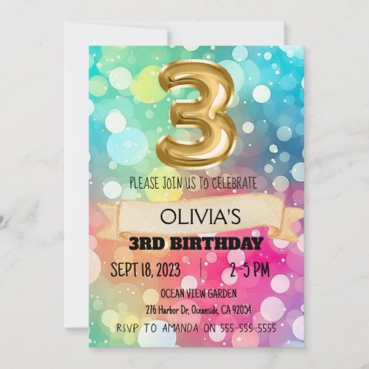 Invitation Arc en arc-en-ciel 3 ans 3e anniversaire Filles tr (Devant)