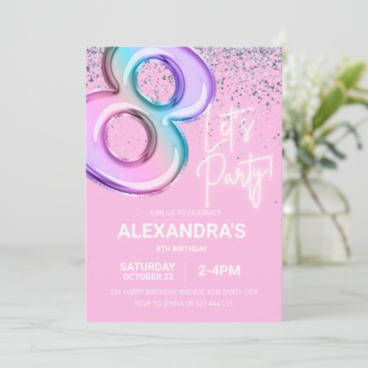 Invitation Arc en arc-en-ciel 8e anniversaire Fille Foil Ball (Debout devant)