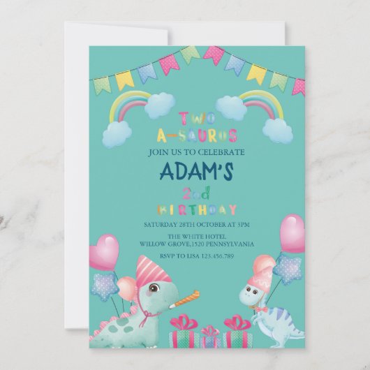 Invitation Arc en arc-en-ciel à deux saurus 2e anniversaire D (Devant)
