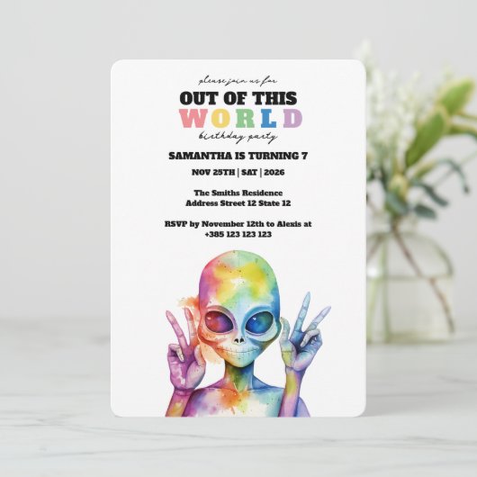 Invitation Arc en arc-en-ciel Alien fête d'anniversaire Invit (Debout devant)