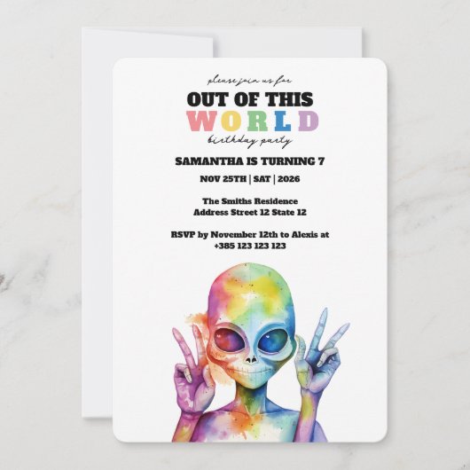 Invitation Arc en arc-en-ciel Alien fête d'anniversaire Invit (Devant)