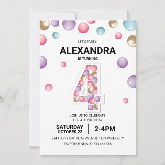 Invitation Arc en arc-en-ciel fête d'anniversaire, fille en b (Devant)