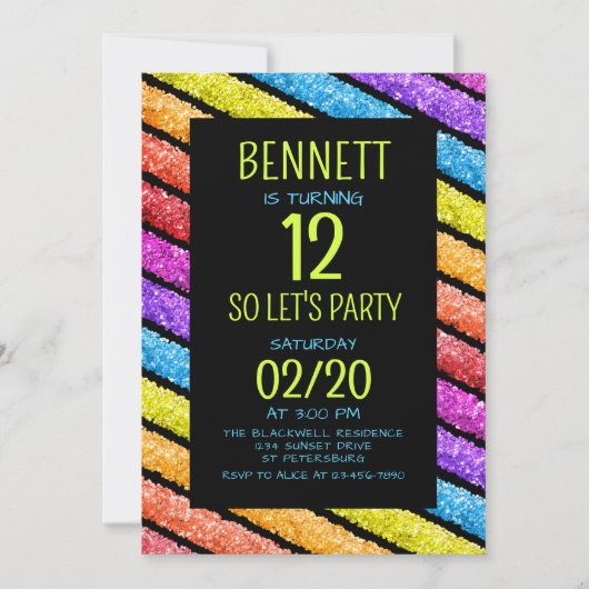 Invitation Arc en arc-en-ciel Frappes noir Anniversaire (Devant)