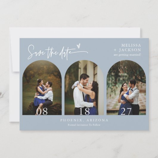 Invitation Arc en bois bleu Dusty Photo QR Code Enregistrer l (Devant)