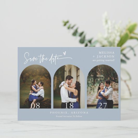 Invitation Arc en bois bleu Dusty Photo QR Code Enregistrer l (Debout devant)