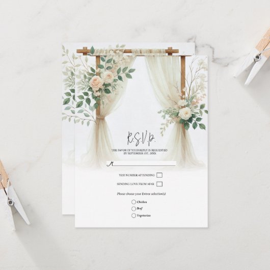 Invitation Arc en bois fleuri Vert Rose Mariage RSVP (Devant/Arrière en situation)