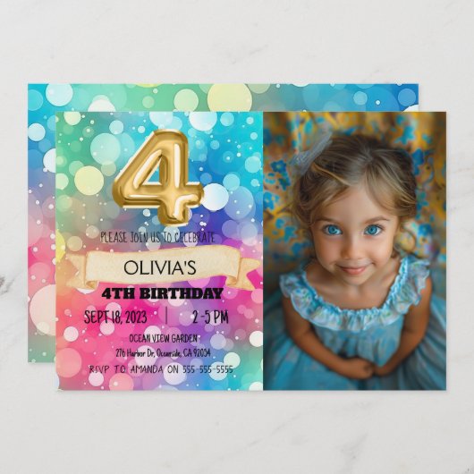 Invitation Arc en ciel 4 ans 4e anniversaire Photo Girls Four (Devant / Derrière)