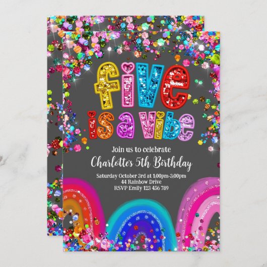 Invitation arc-en-ciel, 5e anniversaire mignon bri (Devant / Derrière)