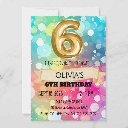 Invitation Arc-en-ciel 6 ans 6e anniversaire Fille Six (Devant)