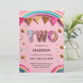 Invitation Arc-en-ciel à paillettes roses pour les 2 ans des