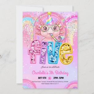 Invitation Arc-en-ciel Axolotl 5e Anniversaire