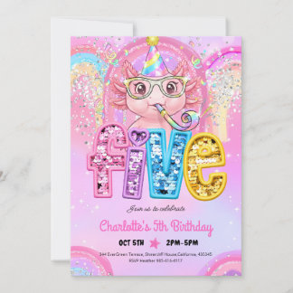 Invitation Arc-en-ciel Axolotl 5e Anniversaire