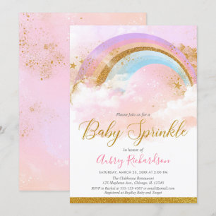 Invitation Arc en ciel bébé saupoudrer fille pastel or rose