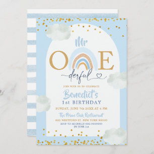 Invitation Arc-en-ciel bleu doux M. Onederful Boy's Birthday
