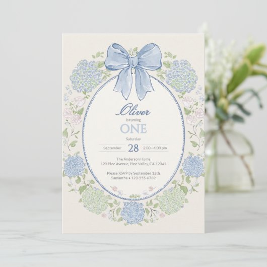 Invitation Arc-en-ciel Bleu & Fleurs d'Hydrangea 1er Annivers (Debout devant)