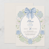 Invitation Arc-en-ciel Bleu & Fleurs d'Hydrangea 1er Annivers (Devant / Derrière)