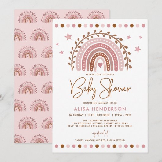 Invitation Arc-en-ciel Boho | Baby shower en terre cuite rose (Devant / Derrière)