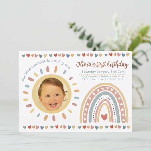 Invitation Arc-en-ciel Boho | Petit soleil photo d'anniversai (Debout devant)