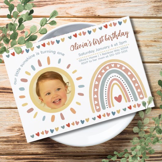 Invitation Arc-en-ciel Boho | Petit soleil photo d'anniversai