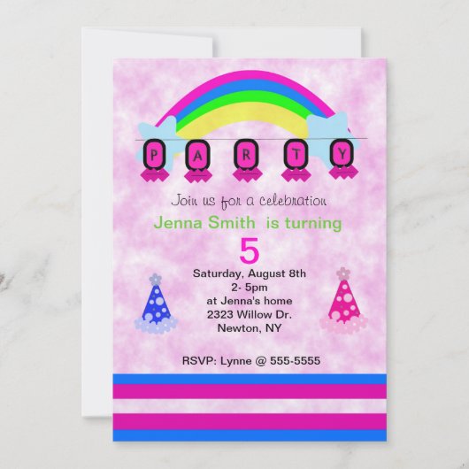 Invitation Arc-en-ciel coloré et Casquettes d'anniversaire (Devant)