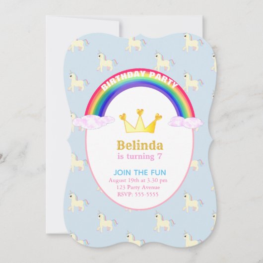 Invitation Arc en ciel, Couronne et licorne fête d'anniversai (Devant)