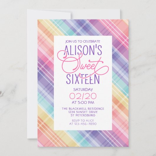 Invitation Arc-en-ciel doux 16 Anniversaire (Devant)