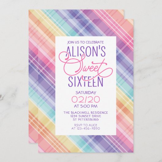 Invitation Arc-en-ciel doux 16 Anniversaire (Devant / Derrière)