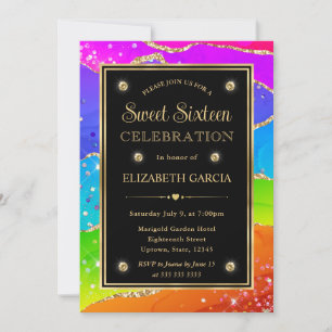Invitation Arc-en-ciel Élégant Paillettes Agate et Or Douce 1