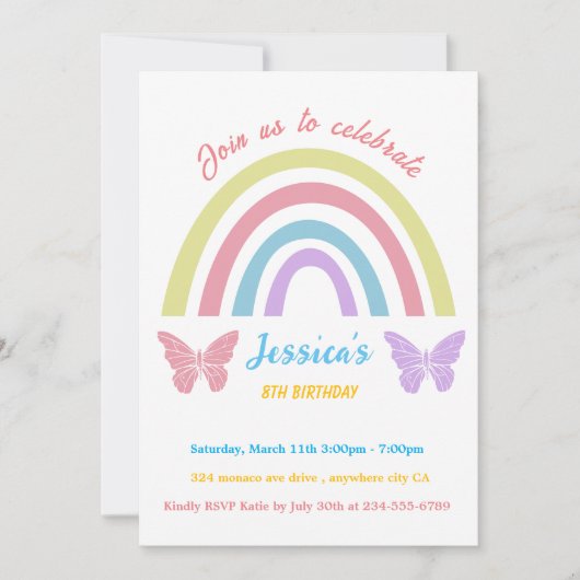 Invitation Arc-en-ciel et papillon Anniversaire pour les fill (Devant)