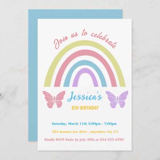 Invitation Arc-en-ciel et papillon Anniversaire pour les fill (Devant / Derrière)
