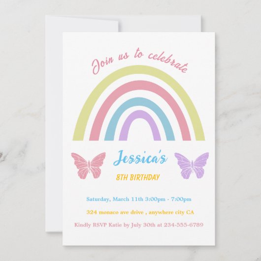 Invitation Arc-en-ciel et papillon Anniversaire pour les fill (Devant)
