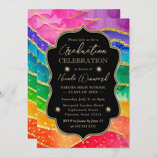 Invitation Arc-en-ciel et Parties scintillant d'or Diplôme d' (Devant / Derrière)