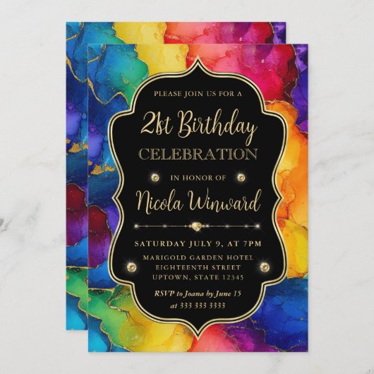 Invitation Arc-en-ciel et Parties scintillant d'or Encre d'al (Devant / Derrière)