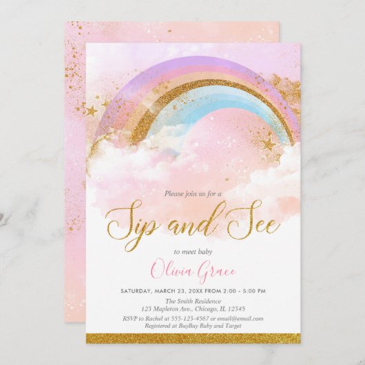 Invitation Arc-en-ciel et voir une fille rose pastel or (Devant / Derrière)