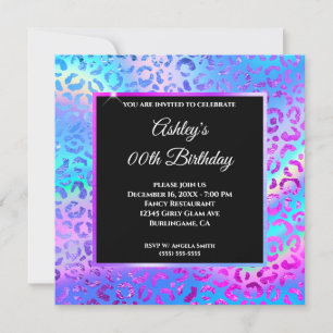 Invitation Arc-en-ciel iridescent ombré Anniversaire léopard 