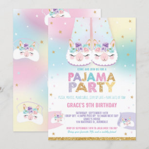 Invitation Arc-en-ciel Llama Pyjama Anniversaire