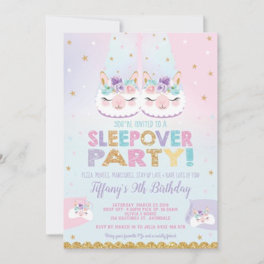 Invitation Arc-en-ciel Llama Sleepover fête d'anniversaire (Devant)