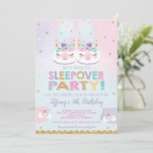 Invitation Arc-en-ciel Llama Sleepover fête d'anniversaire (Debout devant)