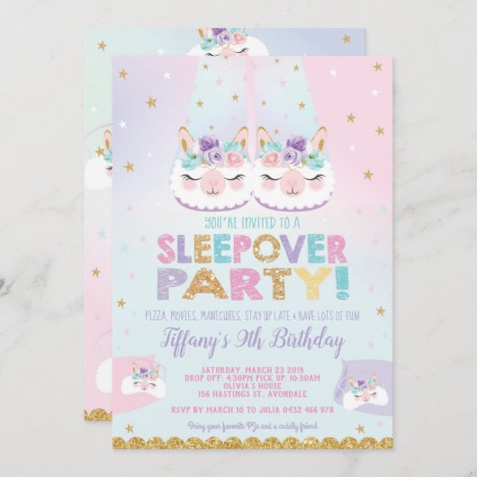 Invitation Arc-en-ciel Llama Sleepover fête d'anniversaire (Devant / Derrière)