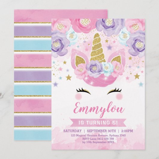 Invitation Arc-en-ciel magique de pourpre de rose de fête (Devant / Derrière)