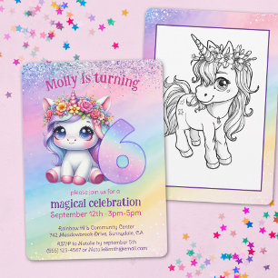Invitation Arc en ciel magique Unicorne tournant 6 anniversai