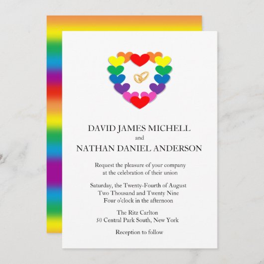 Invitation Arc-en-ciel Mariage anneaux Mariage gay (Devant / Derrière)