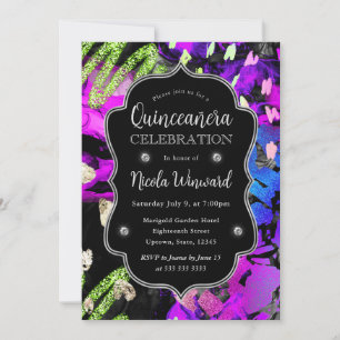 Invitation Arc-en-ciel Néon Abstrait Paillettes Quinceanera