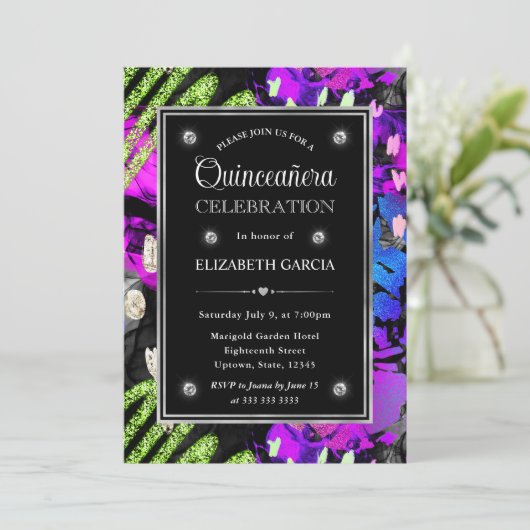 Invitation Arc-en-ciel Neon Abstrait Parties scintillant cadr (Debout devant)