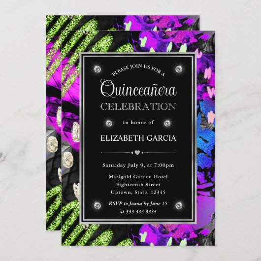 Invitation Arc-en-ciel Neon Abstrait Parties scintillant cadr (Devant / Derrière)