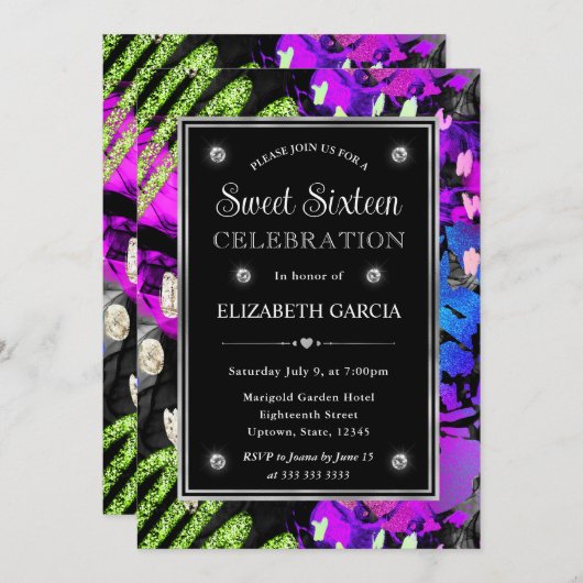 Invitation Arc-en-ciel Neon Abstraite Parties scintillant Cad (Devant / Derrière)