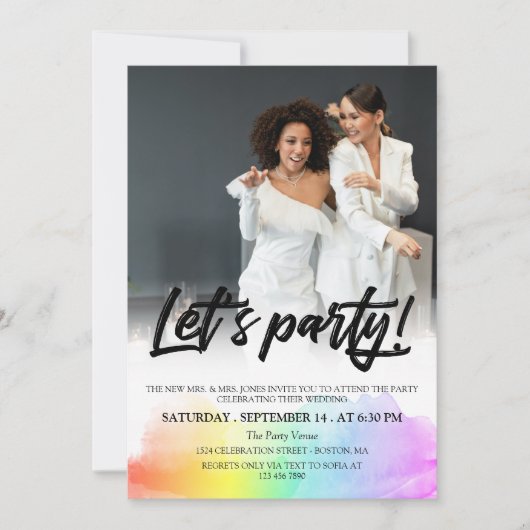 Invitation Arc-en-ciel noir pinceau Script Let's Party Photo (Devant)
