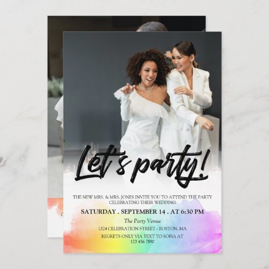 Invitation Arc-en-ciel noir pinceau Script Let's Party Photo (Devant / Derrière)