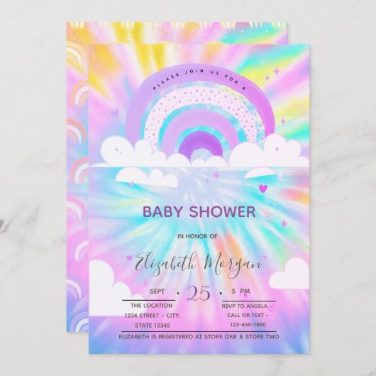 Invitation Arc-en-ciel Nuages Coeurs Tie Dye Baby shower (Devant / Derrière)