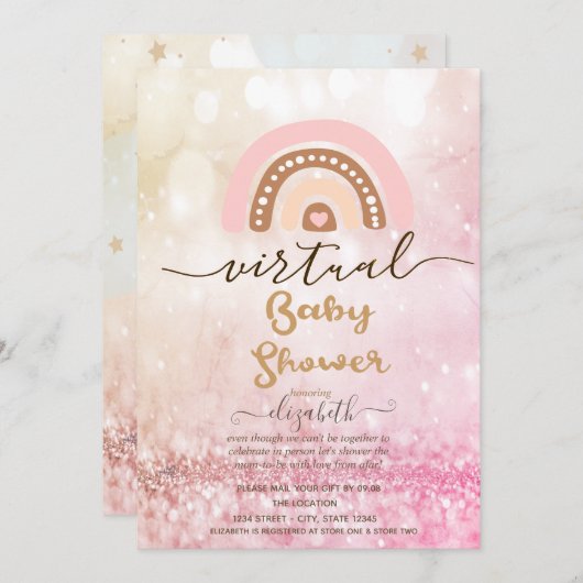 Invitation Arc-en-ciel, Nuages Étoiles Bokeh Baby Shower Virt (Devant / Derrière)